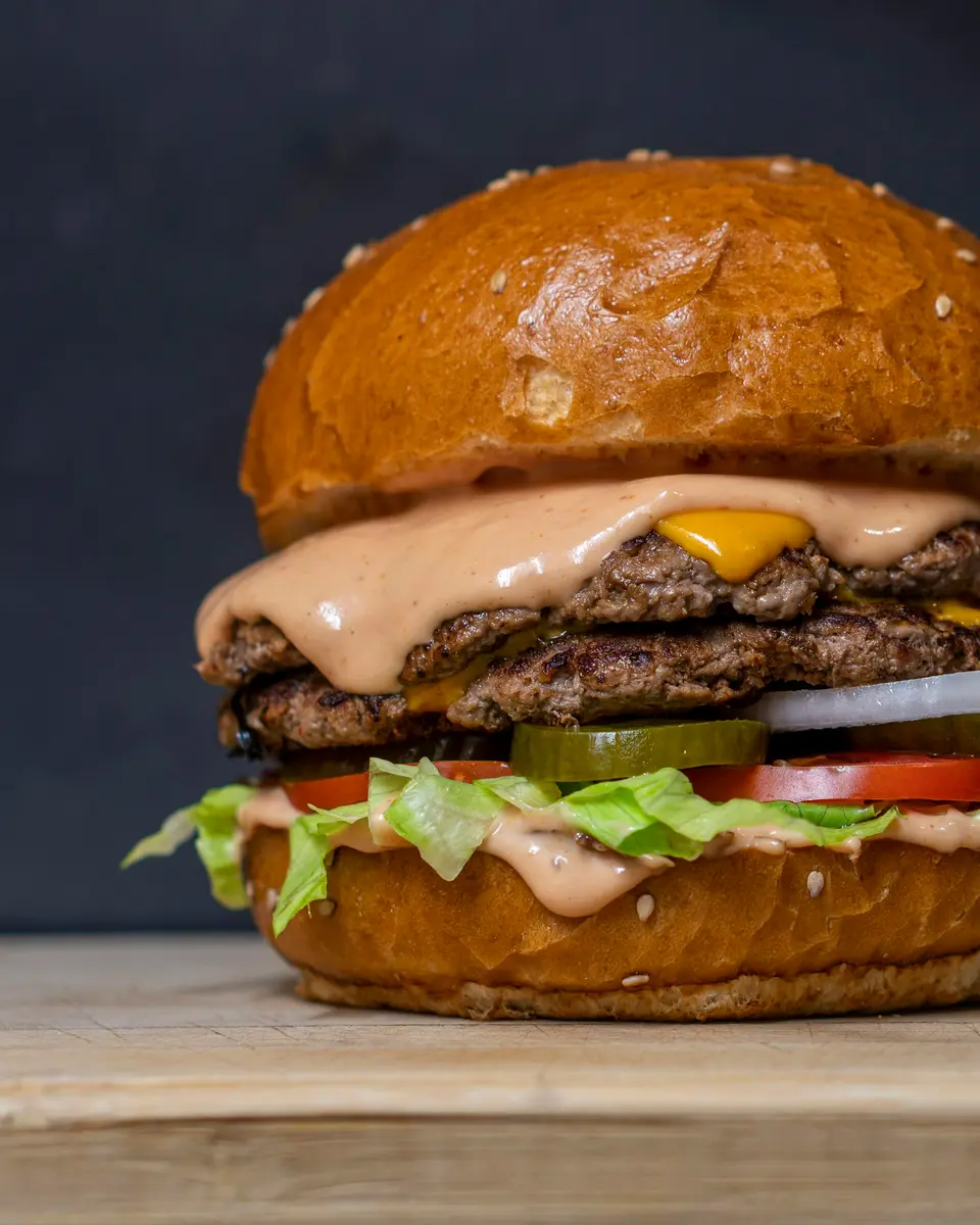 Flame-grilled beef burger in a soft bun