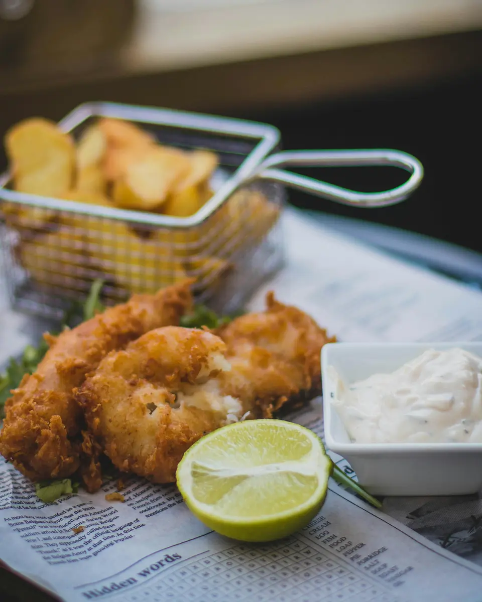 Crispy battered fish with thick-cut chips